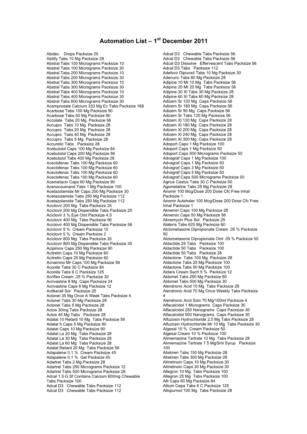 Automation List – 1St December 2011