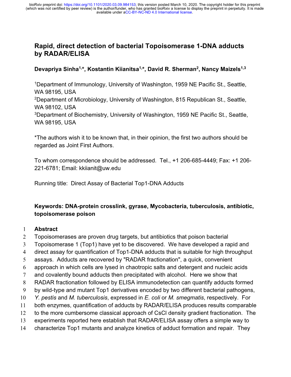 Rapid, Direct Detection of Bacterial Topoisomerase 1-DNA Adducts by RADAR/ELISA