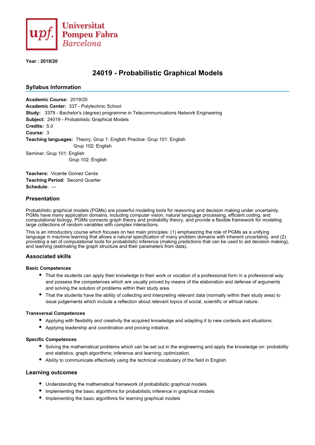 24019 - Probabilistic Graphical Models