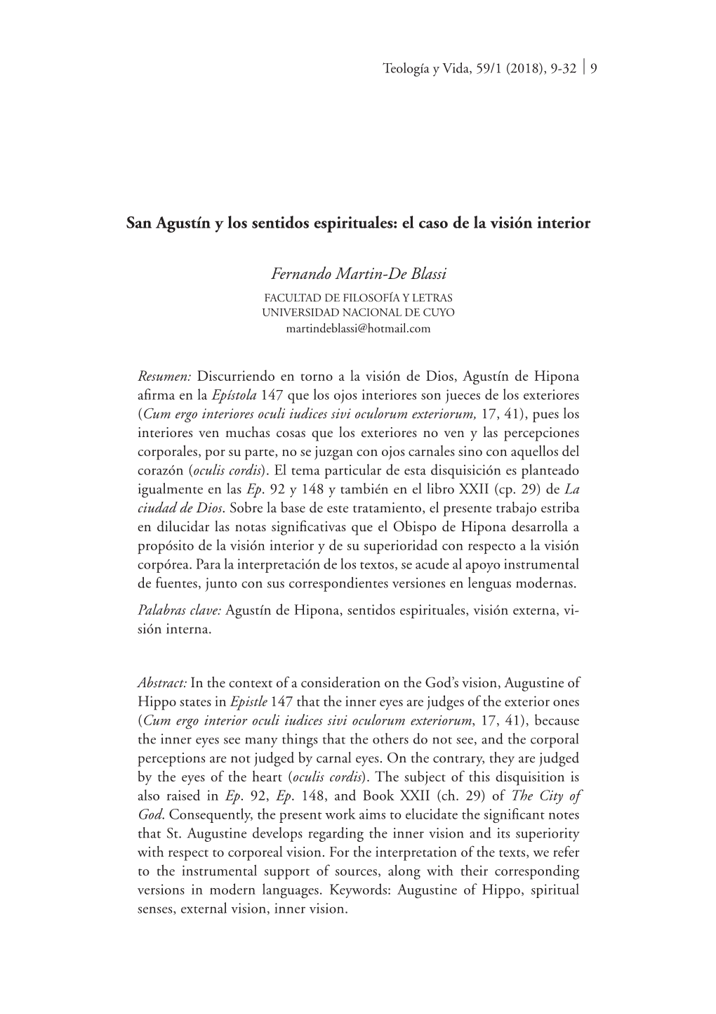 San Agustín Y Los Sentidos Espirituales: El Caso De La Visión Interior Fernando Martin-De Blassi