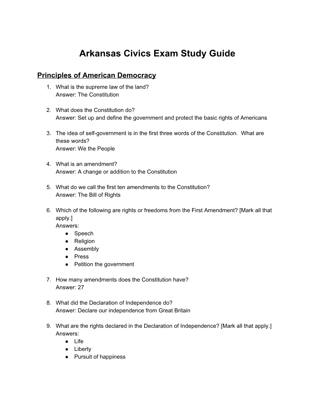 Arkansas Civics Exam Study Guide