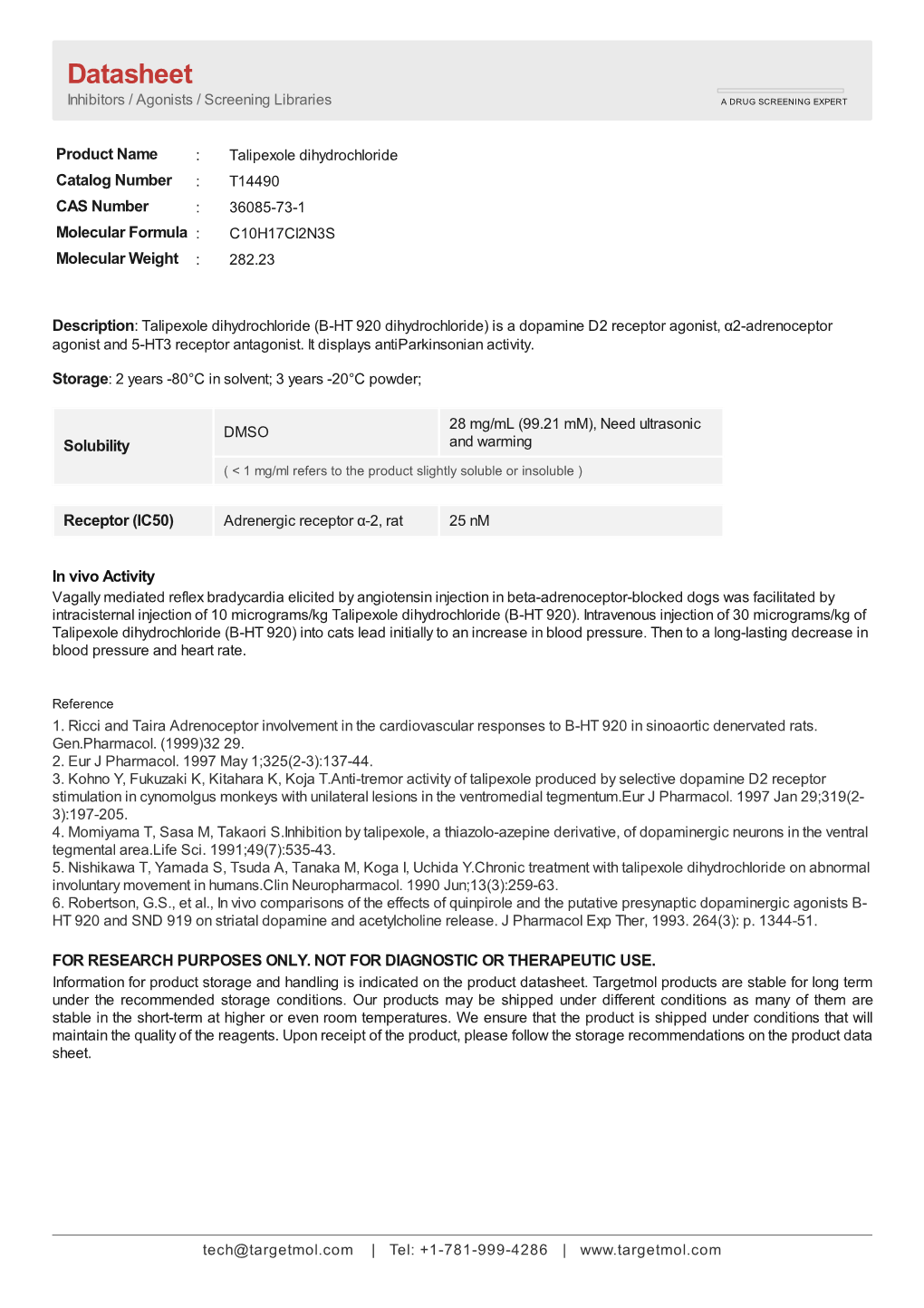 Datasheet Inhibitors / Agonists / Screening Libraries a DRUG SCREENING EXPERT