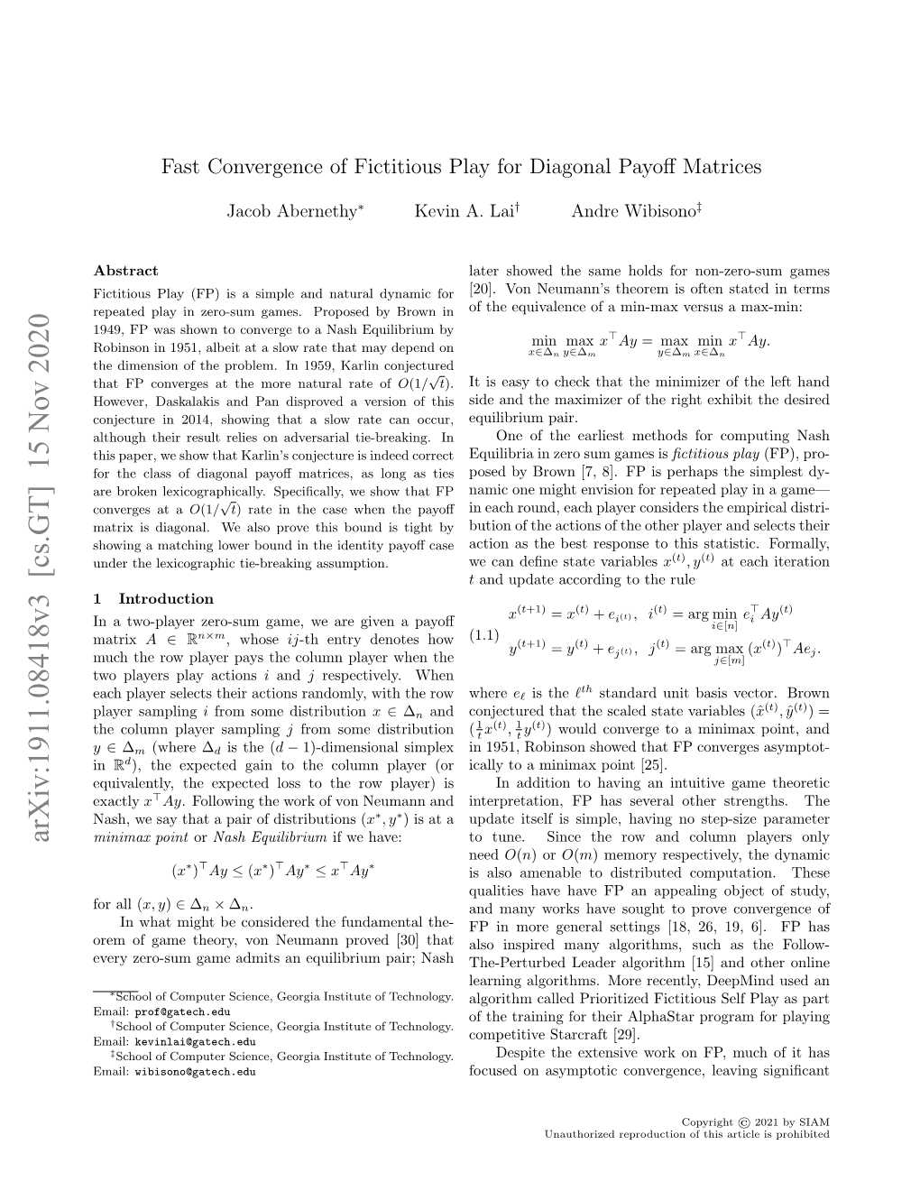 Arxiv:1911.08418V3 [Cs.GT] 15 Nov 2020 Minimax Point Or Nash Equilibrium If We Have: to Tune