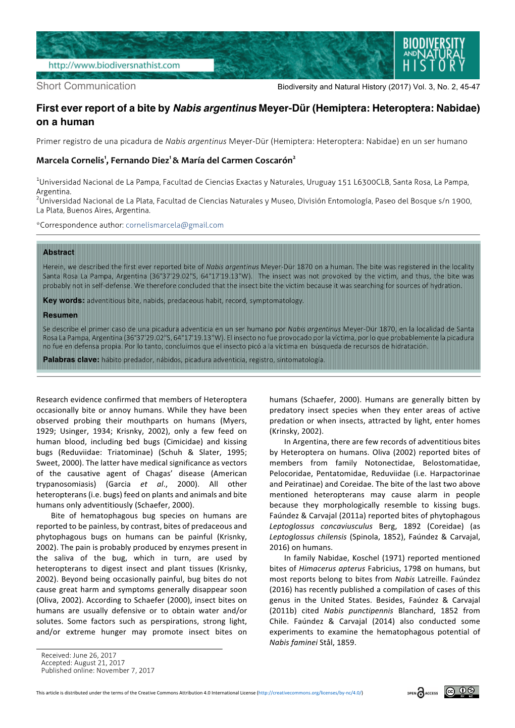 First Ever Report of a Bite by Nabis Argentinus Meyer-Dür (Hemiptera: Heteroptera: Nabidae) on a Human