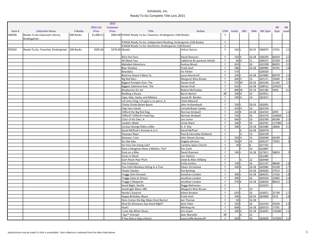 Scholastic, Inc. Ready-To-Go Complete Title Lists 2015 1