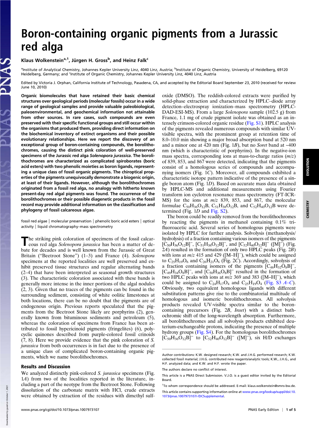 Boron-Containing Organic Pigments from a Jurassic Red Alga