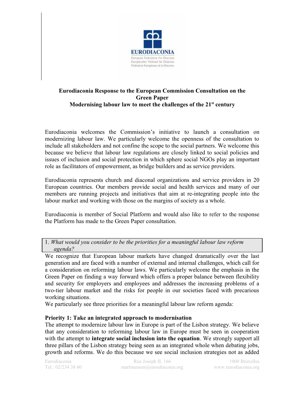 Eurodiaconia Response to the European Commission Consultation on The