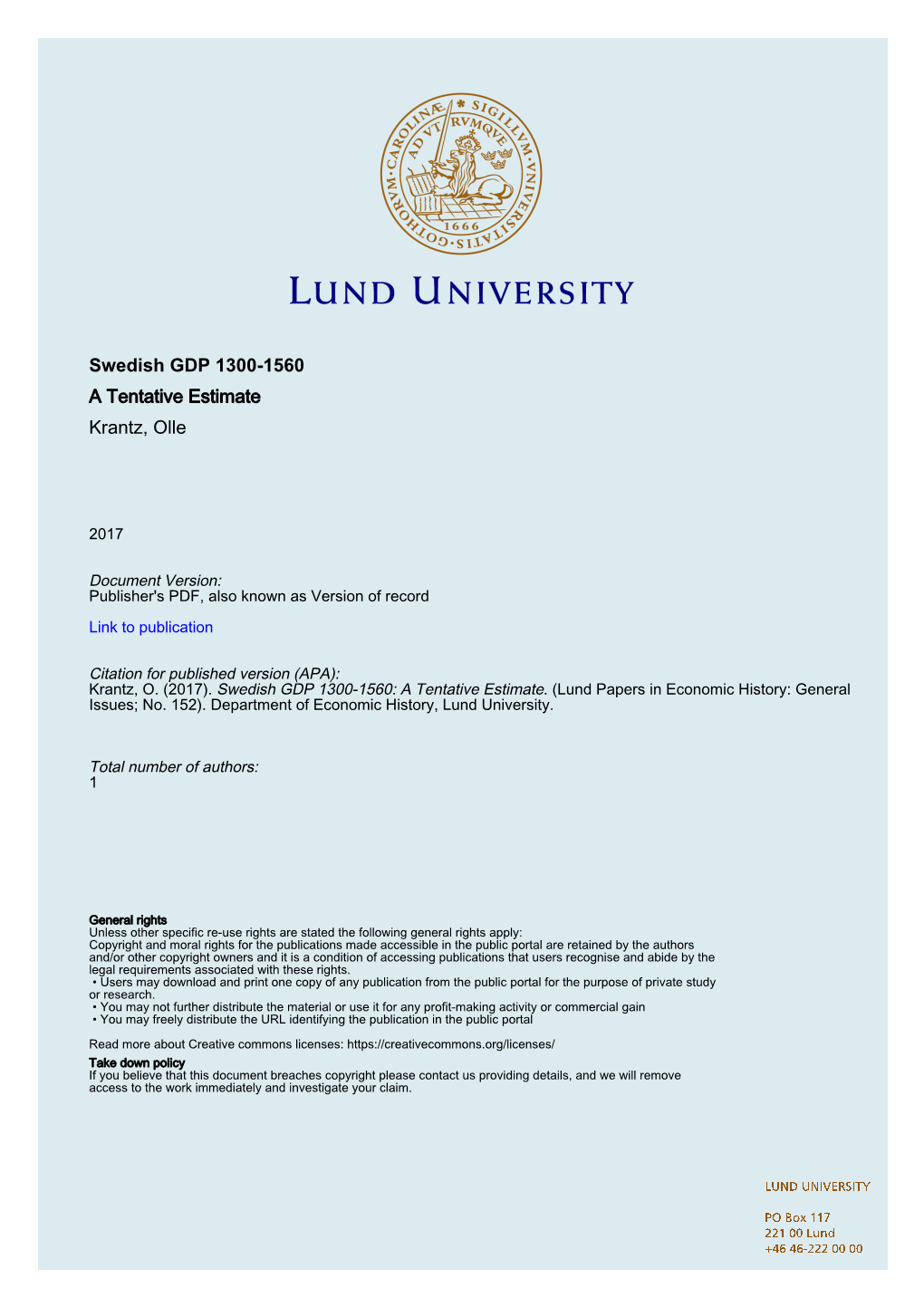 Swedish GDP 1300-1560 a Tentative Estimate Krantz, Olle