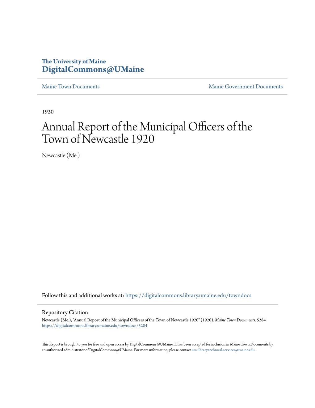 Annual Report of the Municipal Officers of the Town of Newcastle 1920 Newcastle (Me.)