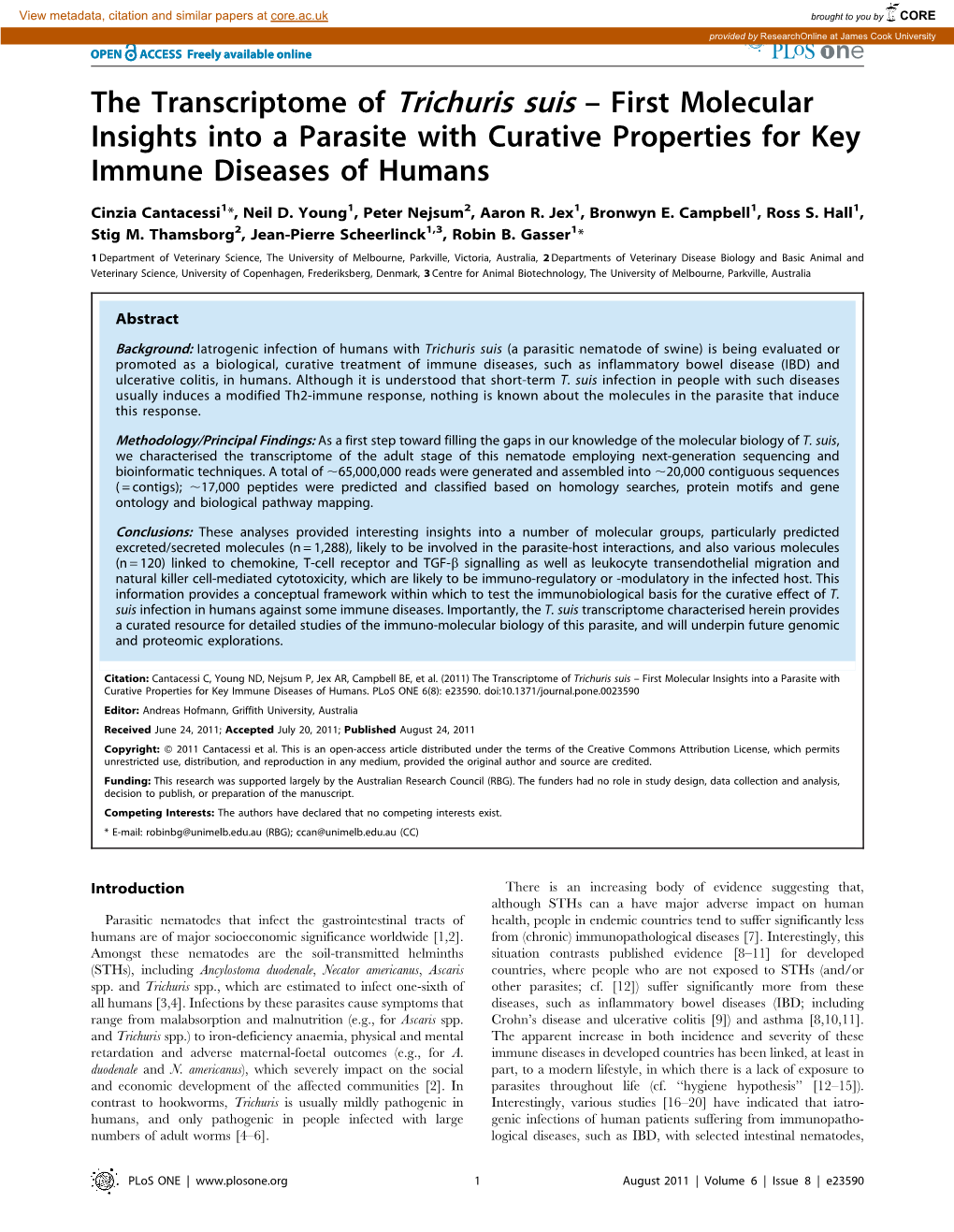 The Transcriptome of Trichuris Suis – First Molecular Insights Into a Parasite with Curative Properties for Key Immune Diseases of Humans