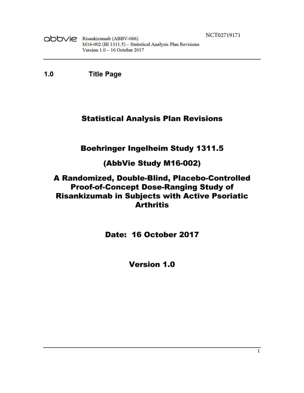 Statistical Analysis Plan Revisions Version 1.0 – 16 October 2017