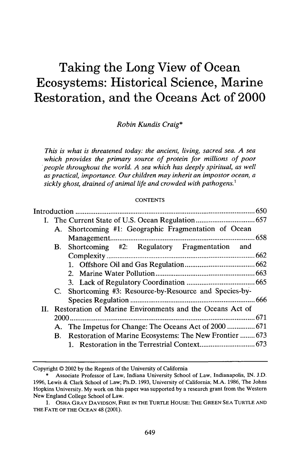 Historical Science, Marine Restoration, and the Oceans Act of 2000
