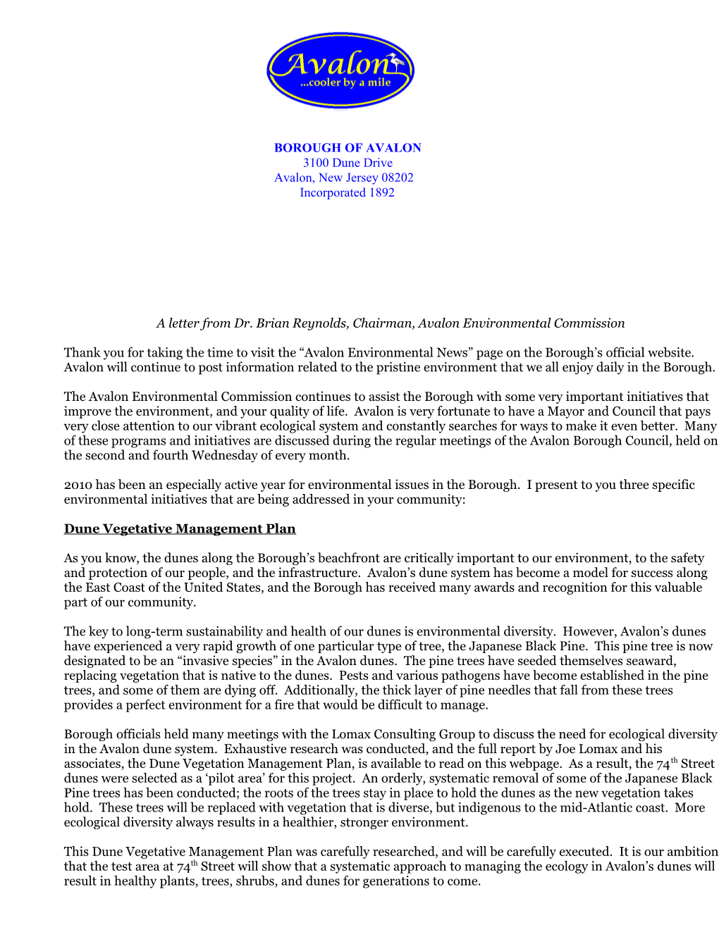 A Letter from Dr. Brian Reynolds, Chairman, Avalon Environmental Commission