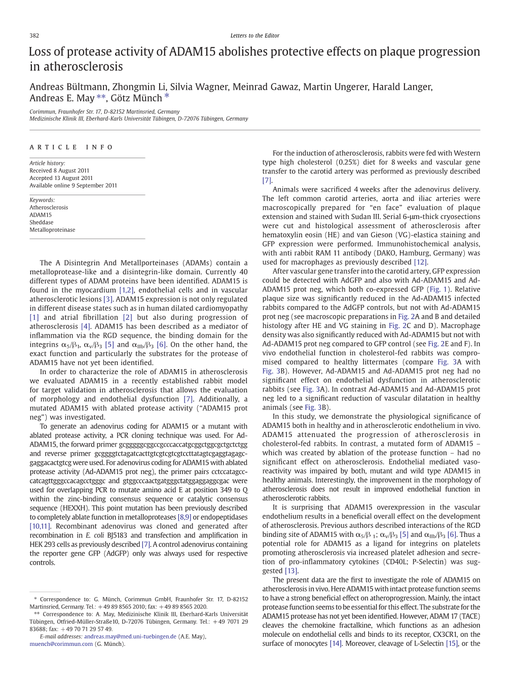 Loss of Protease Activity of ADAM15 Abolishes Protective Effects on Plaque Progression in Atherosclerosis