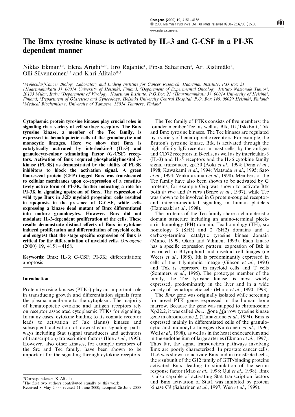 The Bmx Tyrosine Kinase Is Activated by IL-3 and G-CSF in a PI-3K Dependent Manner