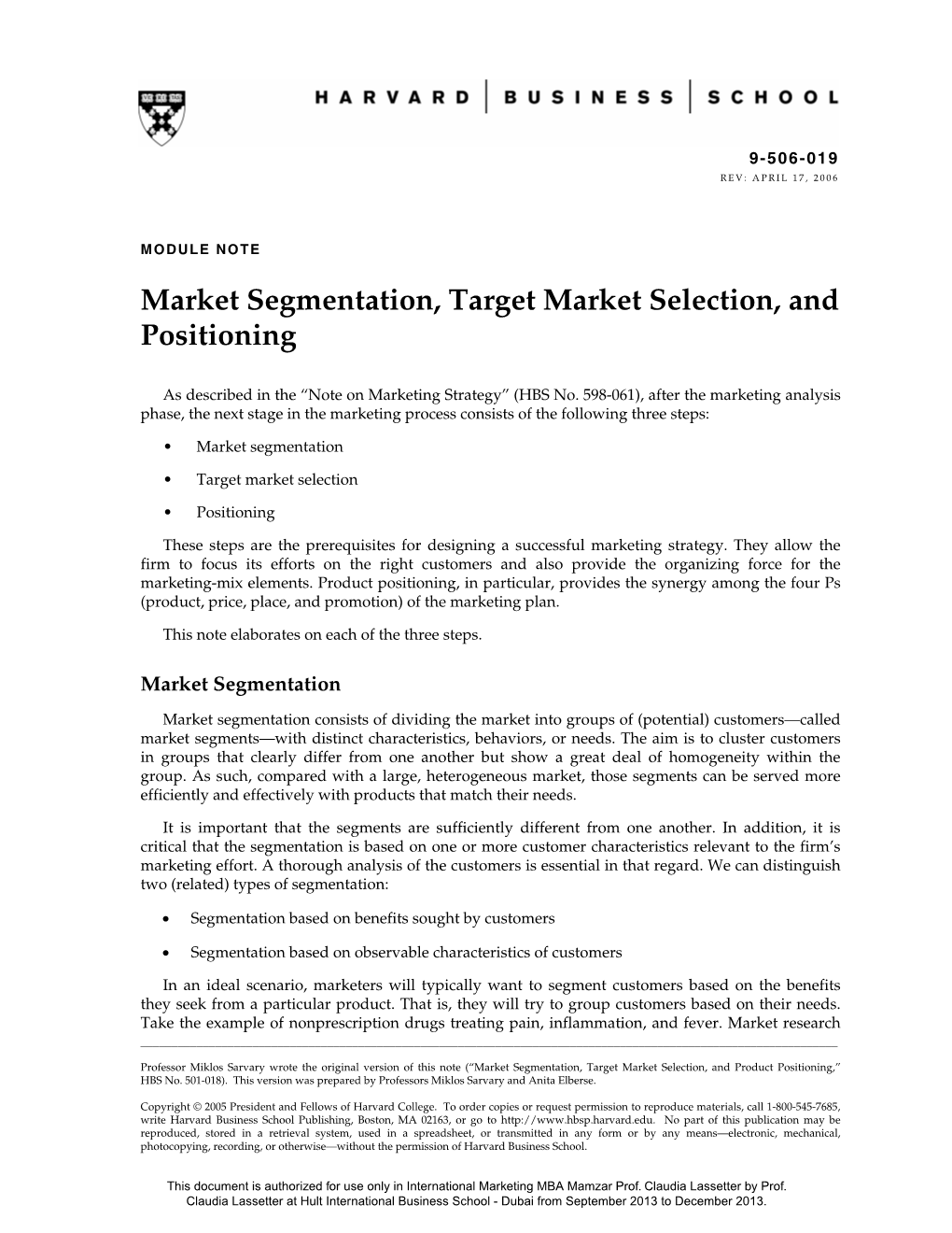Module Note—Market Segmentation, Target Market Selection, and Positioning