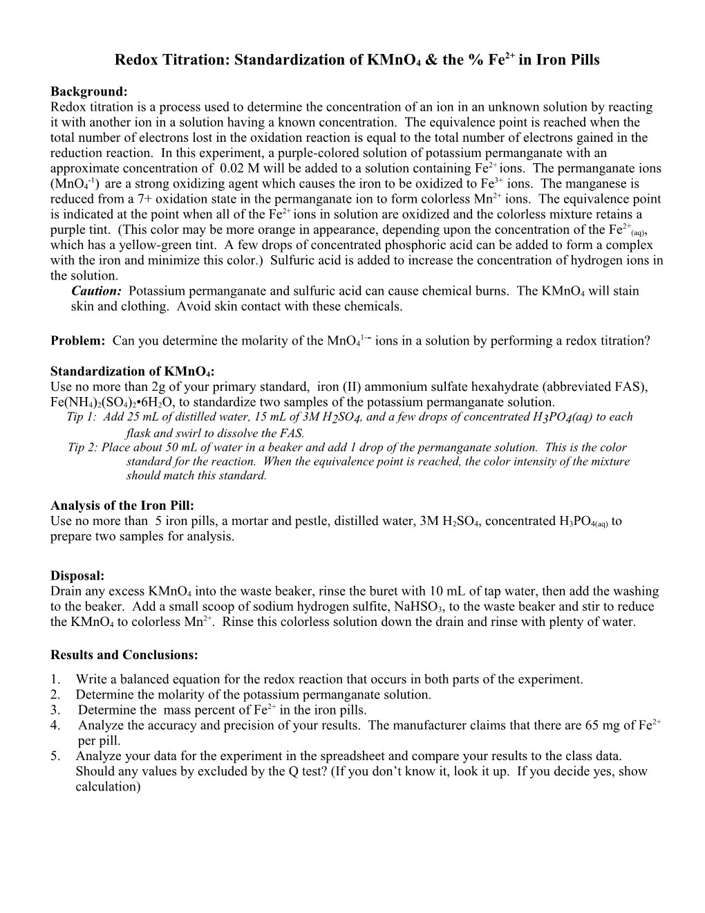 Redox Titration: Standardization of Kmno4 & the % Fe2+ in Iron Pills