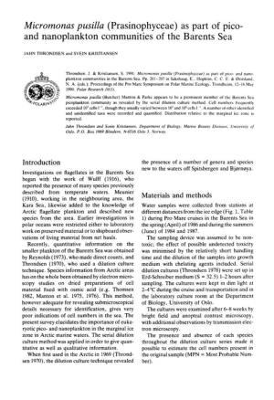 Micromonas Pusilla (Prasinophyceae) As Part of Pico- and Nanoplankton Communities of the Barents Sea