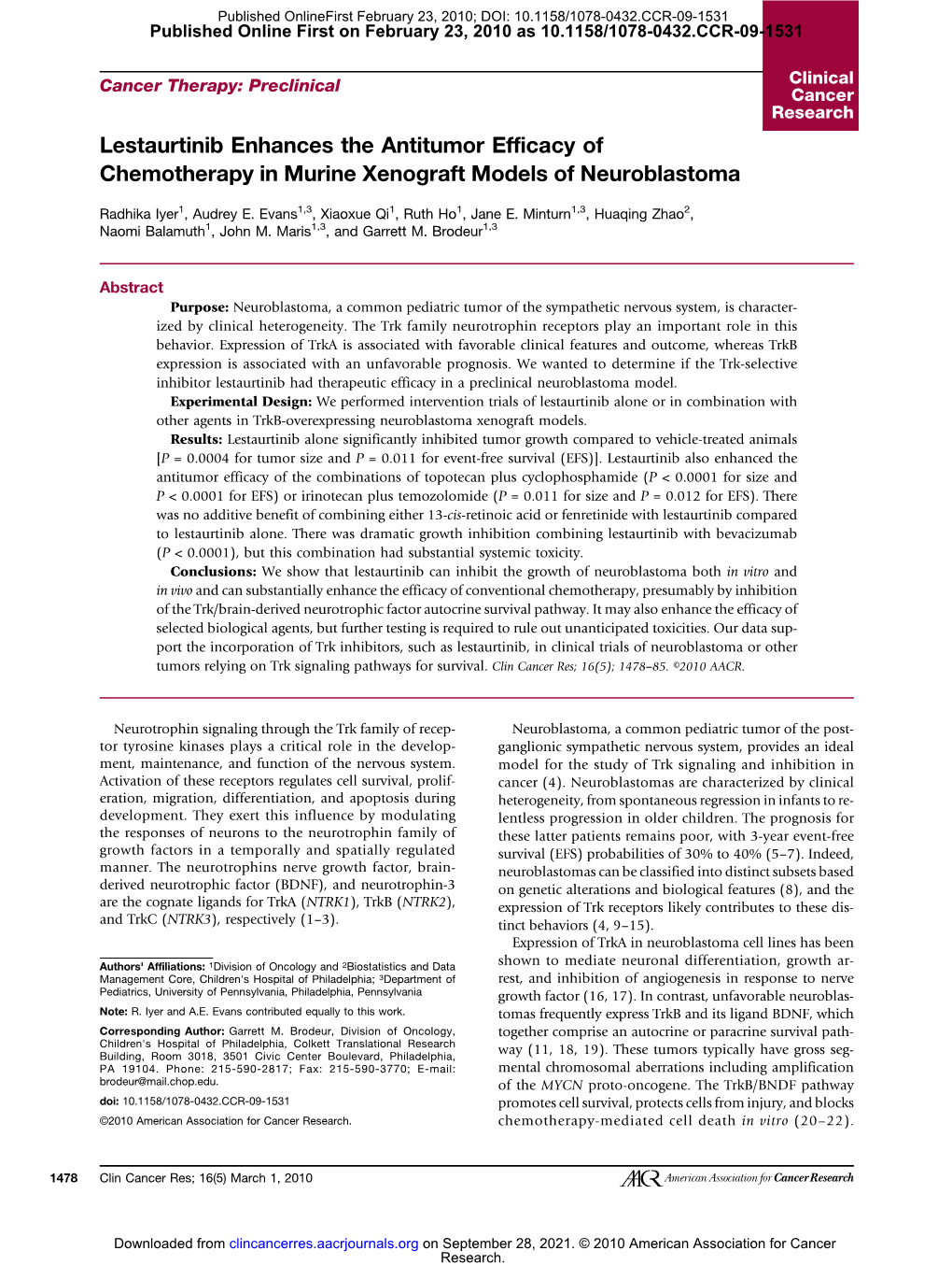 Lestaurtinib Enhances the Antitumor Efficacy of Chemotherapy in Murine Xenograft Models of Neuroblastoma