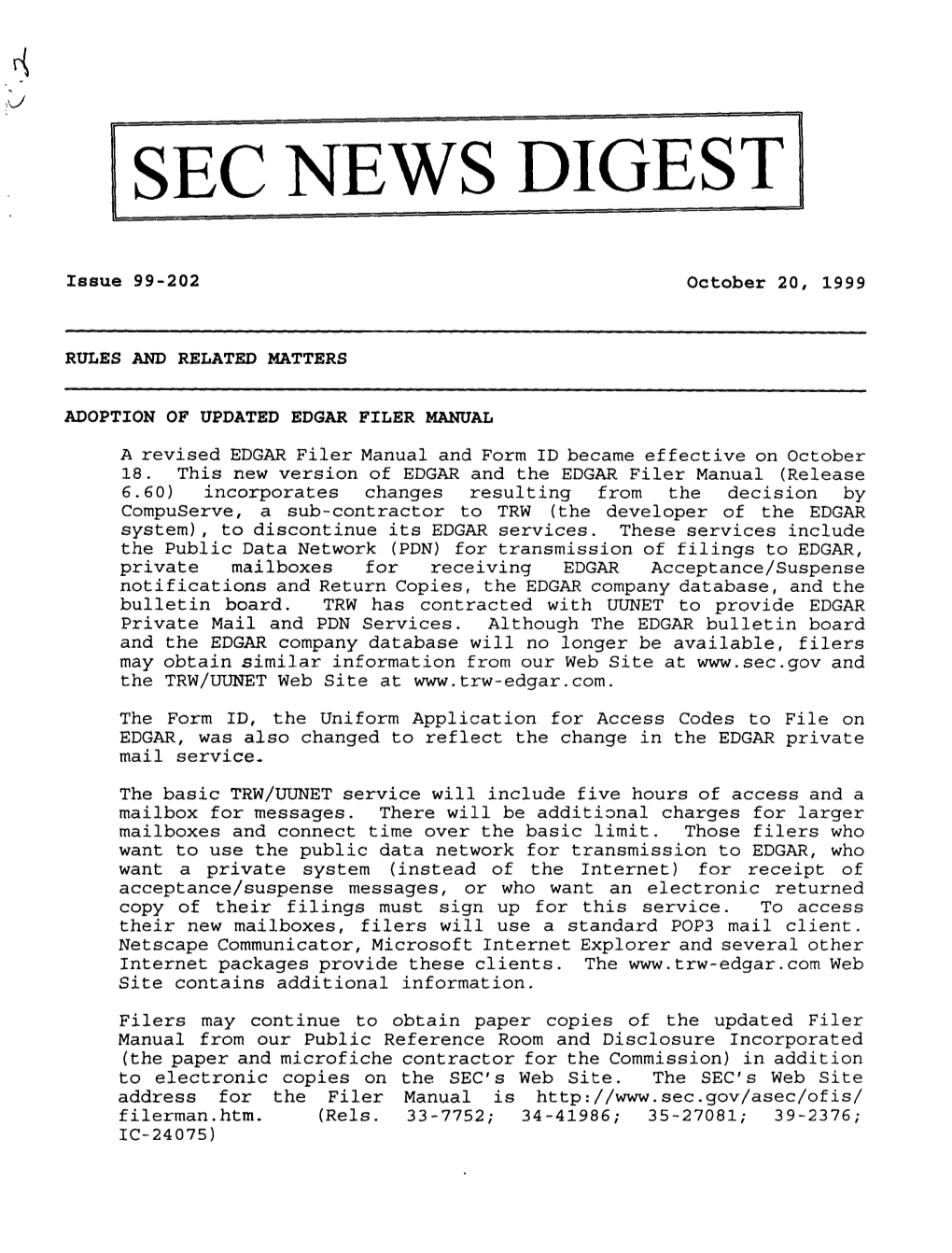 SEC News Digest, 10-20-1999