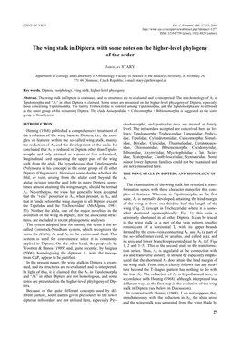 The Wing Stalk in Diptera, with Some Notes on the Higher-Level Phylogeny of the Order