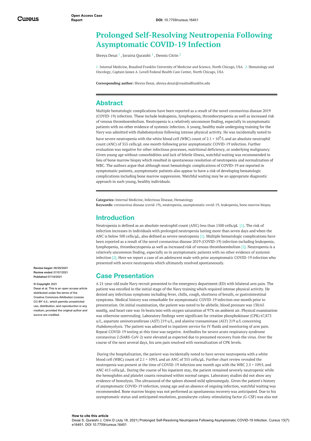 Prolonged Self-Resolving Neutropenia Following Asymptomatic COVID-19 Infection