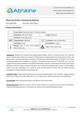 Ribosomal Protein L3 Polyclonal Antibody Product Information