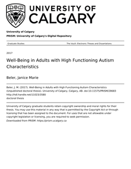 Well-Being in Adults with High Functioning Autism Characteristics