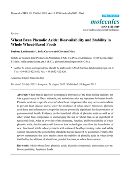 Wheat Bran Phenolic Acids: Bioavailability and Stability in Whole Wheat-Based Foods