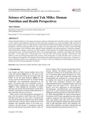Science of Camel and Yak Milks: Human Nutrition and Health Perspectives