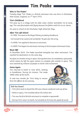 Reading – Tim Peake Comprehension – 3 Levels with Answers