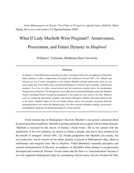 What If Lady Macbeth Were Pregnant?: Amativeness, Procreation, and Future Dynasty in Maqbool