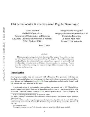 1 Jun 2020 Flat Semimodules & Von Neumann Regular Semirings
