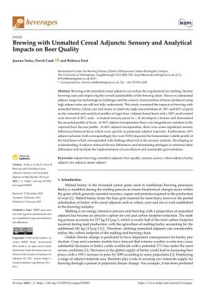 Brewing with Unmalted Cereal Adjuncts: Sensory and Analytical Impacts on Beer Quality