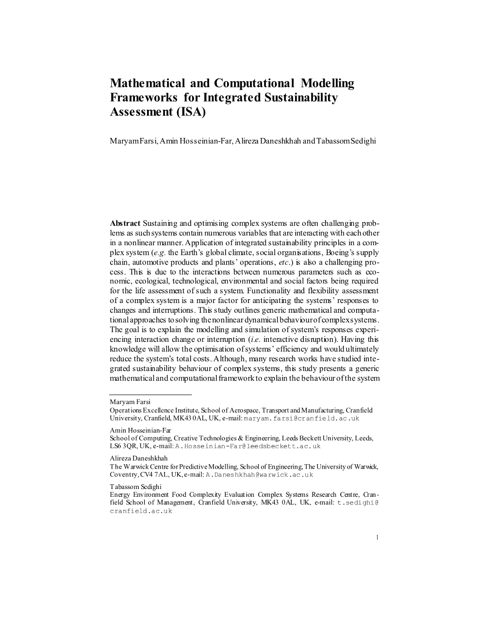 Mathematical and Computational Modelling Frameworks for Integrated Sustainability Assessment (ISA)