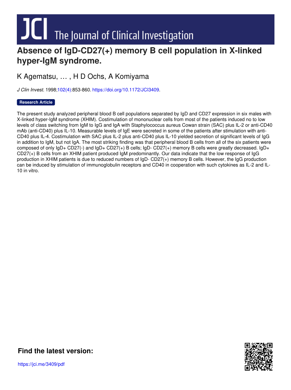 Absence of Igd-CD27(+) Memory B Cell Population in X-Linked Hyper-Igm Syndrome