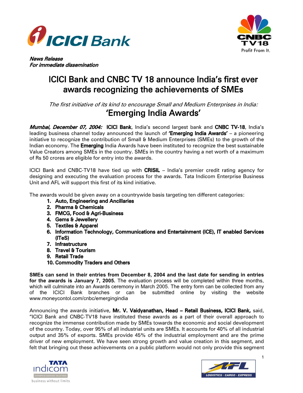 ICICI Bank and CNBC TV 18 Announce India's First Ever Awards