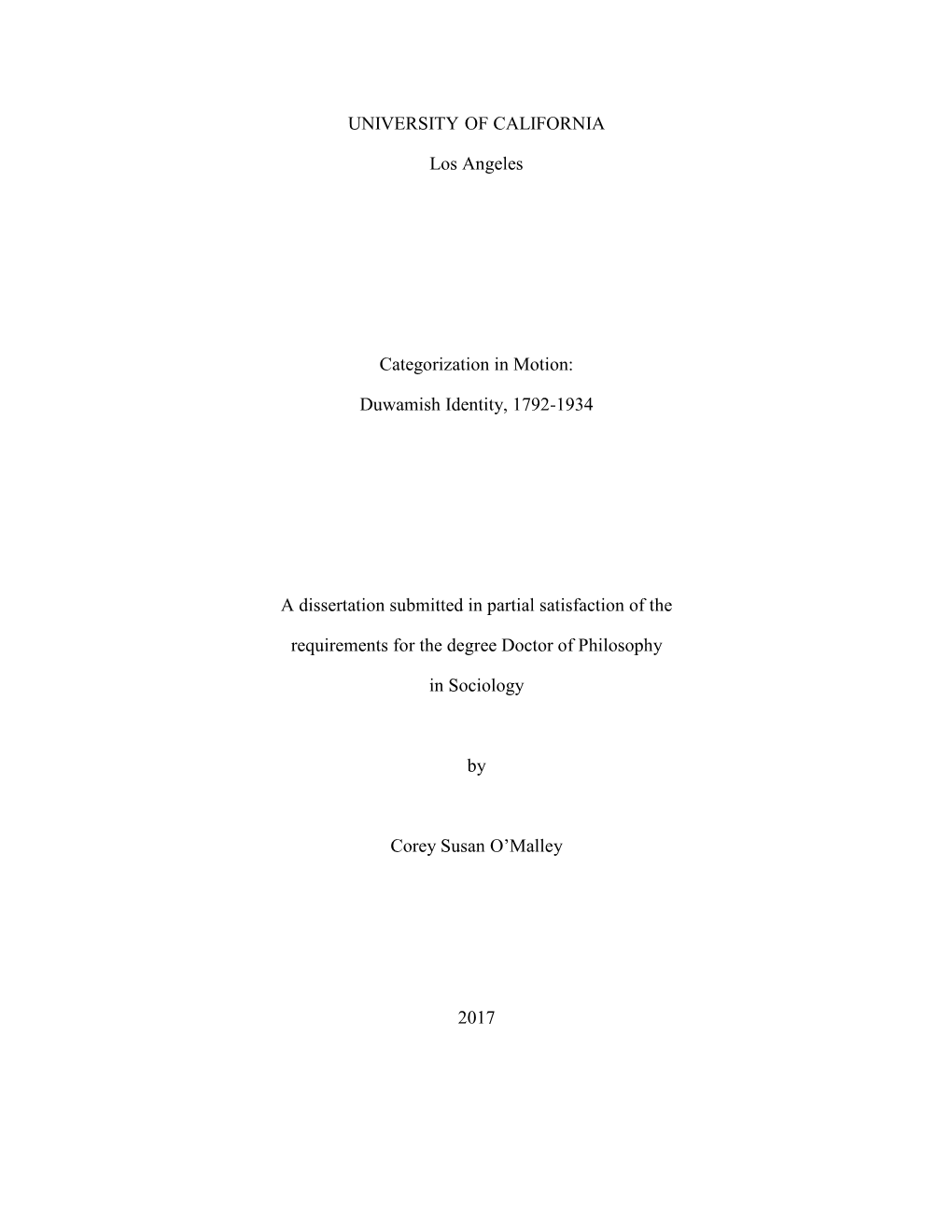 Duwamish Identity, 1792-1934 a Dissertation Submitted in Partial