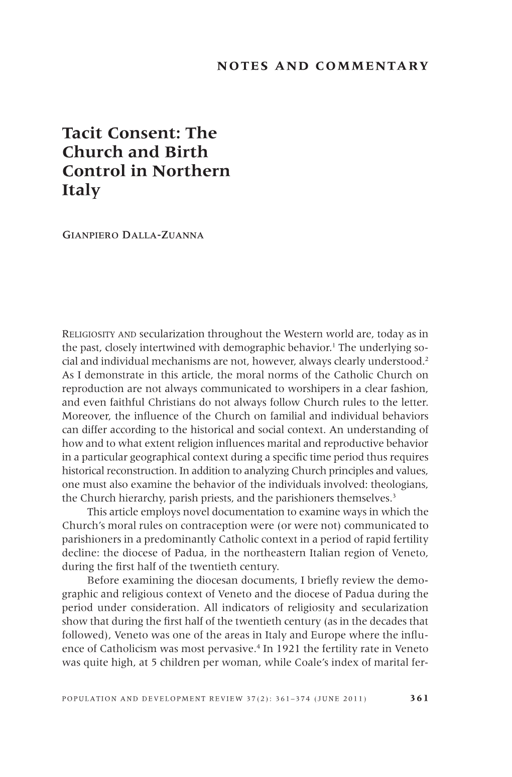 Tacit Consent: the Church and Birth Control in Northern Italy