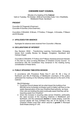 Cabinet Held on Tuesday, 7Th October, 2008 at Committee Suite 1 & 2, Westfields, Middlewich Road, Sandbach