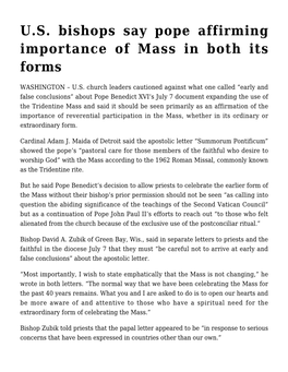 U.S. Bishops Say Pope Affirming Importance of Mass in Both Its Forms