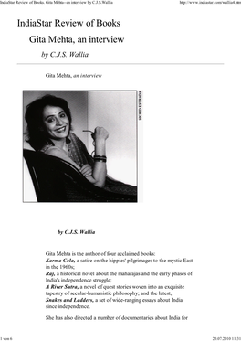 Indiastar Review of Books. Gita Mehta--An Interview by C.J.S.Wallia