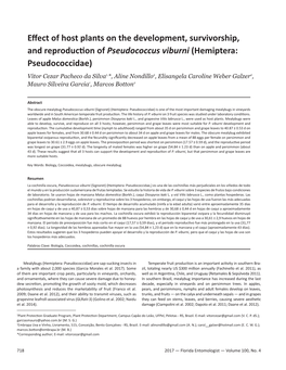 Effect of Host Plants on the Development, Survivorship, and Reproduction Ofpseudococcus Viburni (Hemiptera: Pseudococcidae)