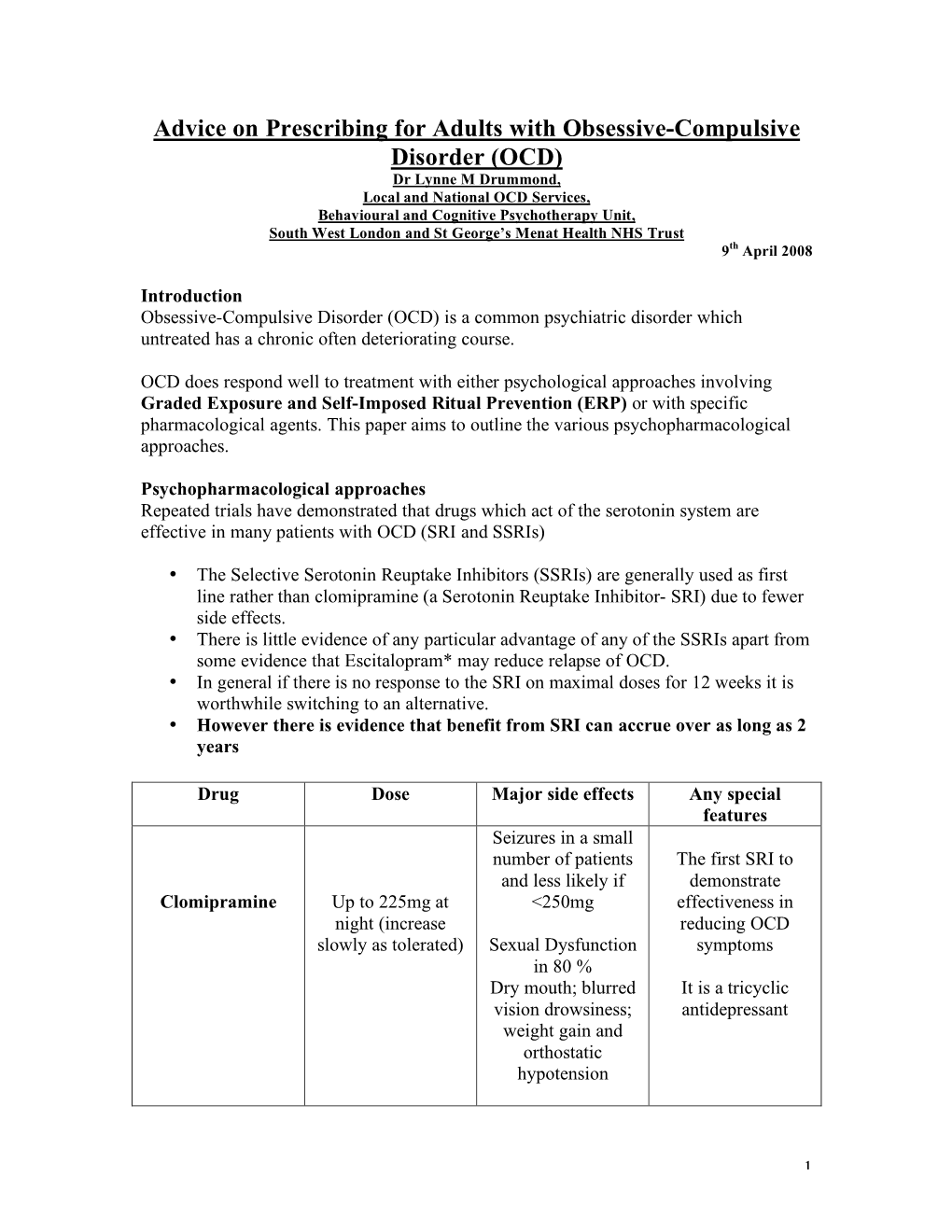 Advice on Prescribing for Adults with Obsessive-Compulsive Disorder (OCD)