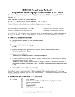 ISO 639-3 Registration Authority Request for New Language Code