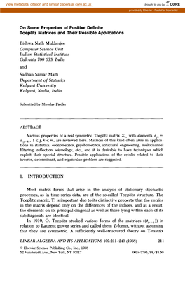 On Some Properties of Positive Definite Toeplitz Matrices and Their Possible Applications