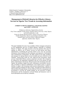 Management of Hybrid Libraries for Effective Library Services in Nigeria: New Trends in Accessing Information