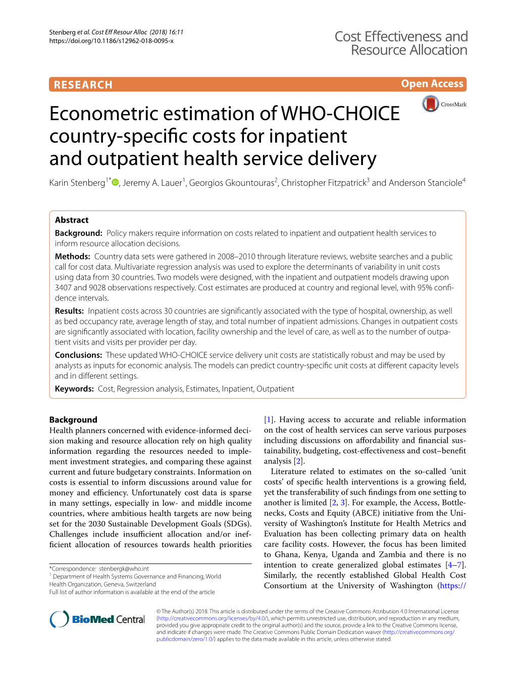 Econometric Estimation of WHO-CHOICE Country-Specific Costs for Inpatient and Outpatient Health Service Delivery