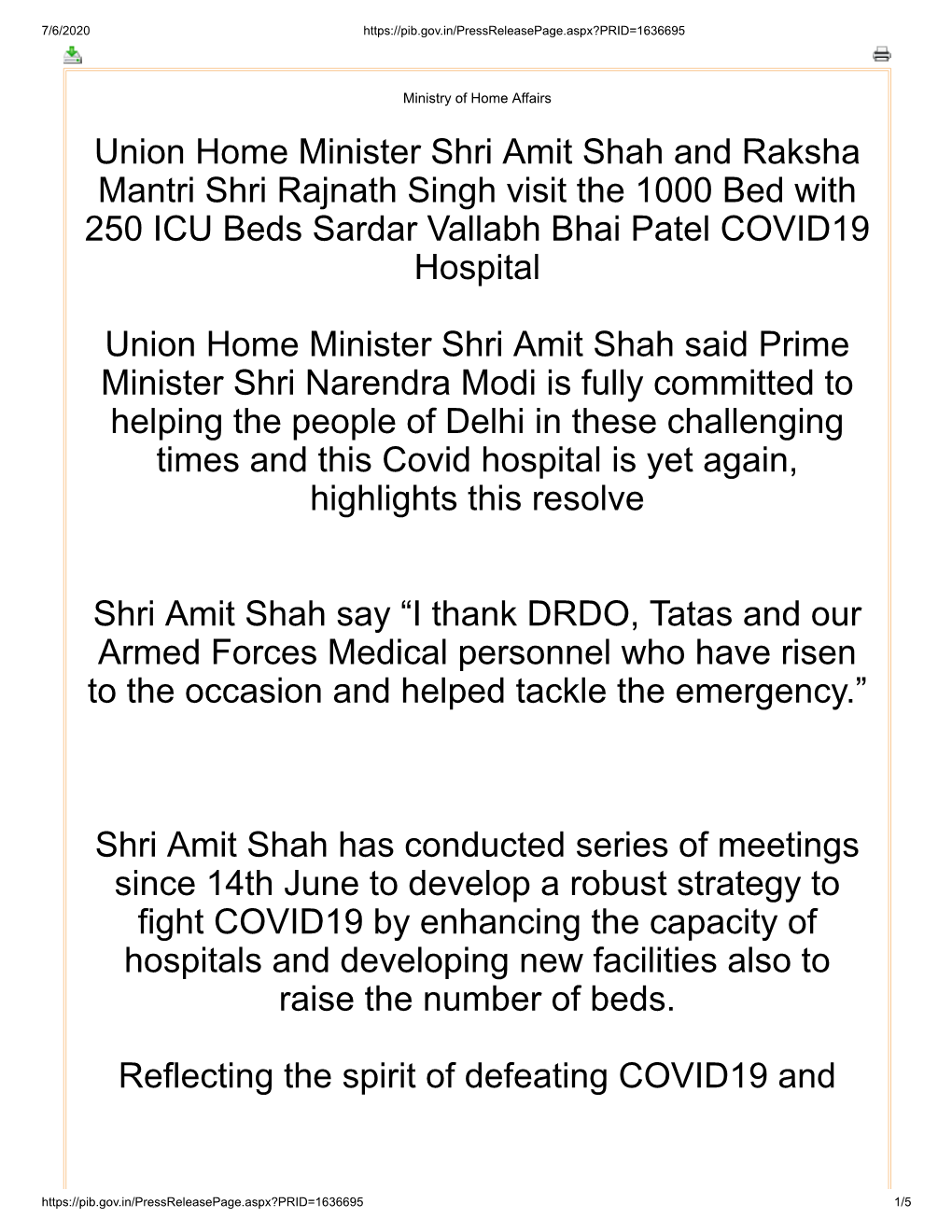 Union Home Minister Shri Amit Shah and Raksha Mantri Shri Rajnath Singh Visit the 1000 Bed with 250 ICU Beds Sardar Vallabh Bhai Patel COVID19 Hospital