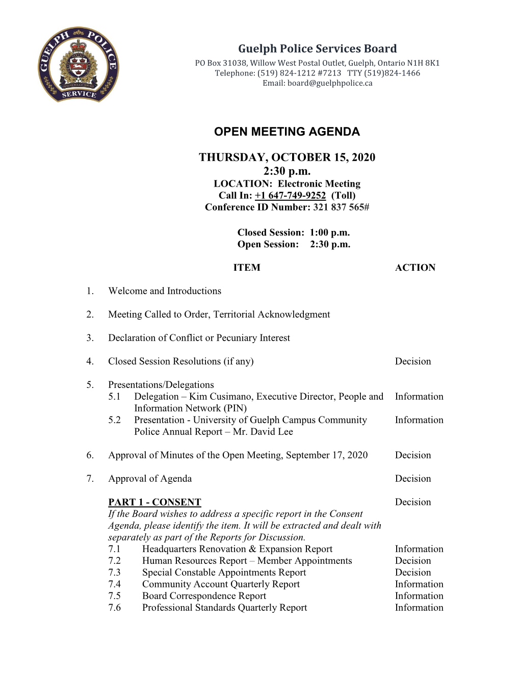 Guelph Police Services Board OPEN MEETING AGENDA THURSDAY